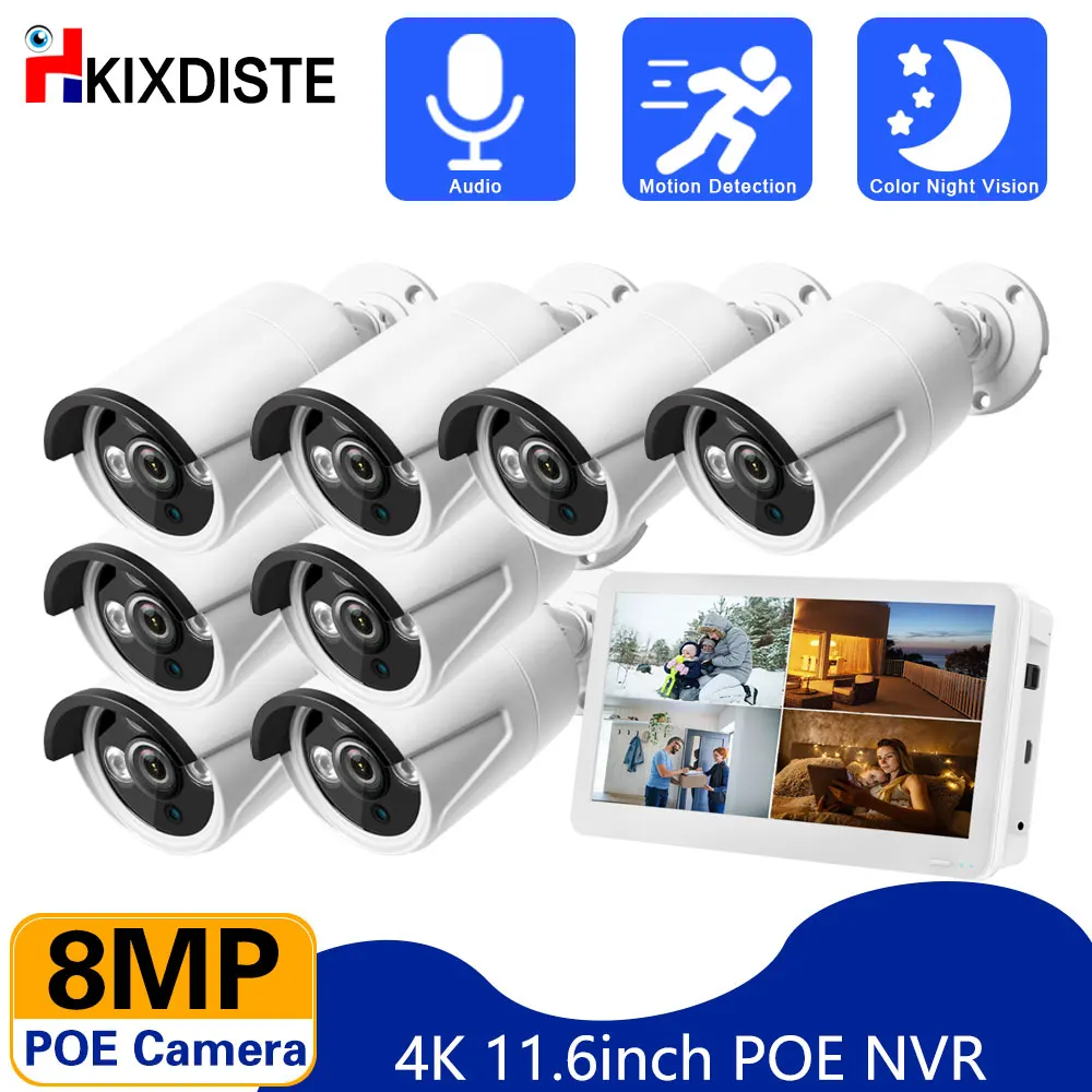 

4K 8MP HD камера видеонаблюдения системы безопасности с ЖК-монитором POE NVR Kit 8CH 8MP аудио Наружная цилиндрическая IP-камера комплект видеонаблюдения