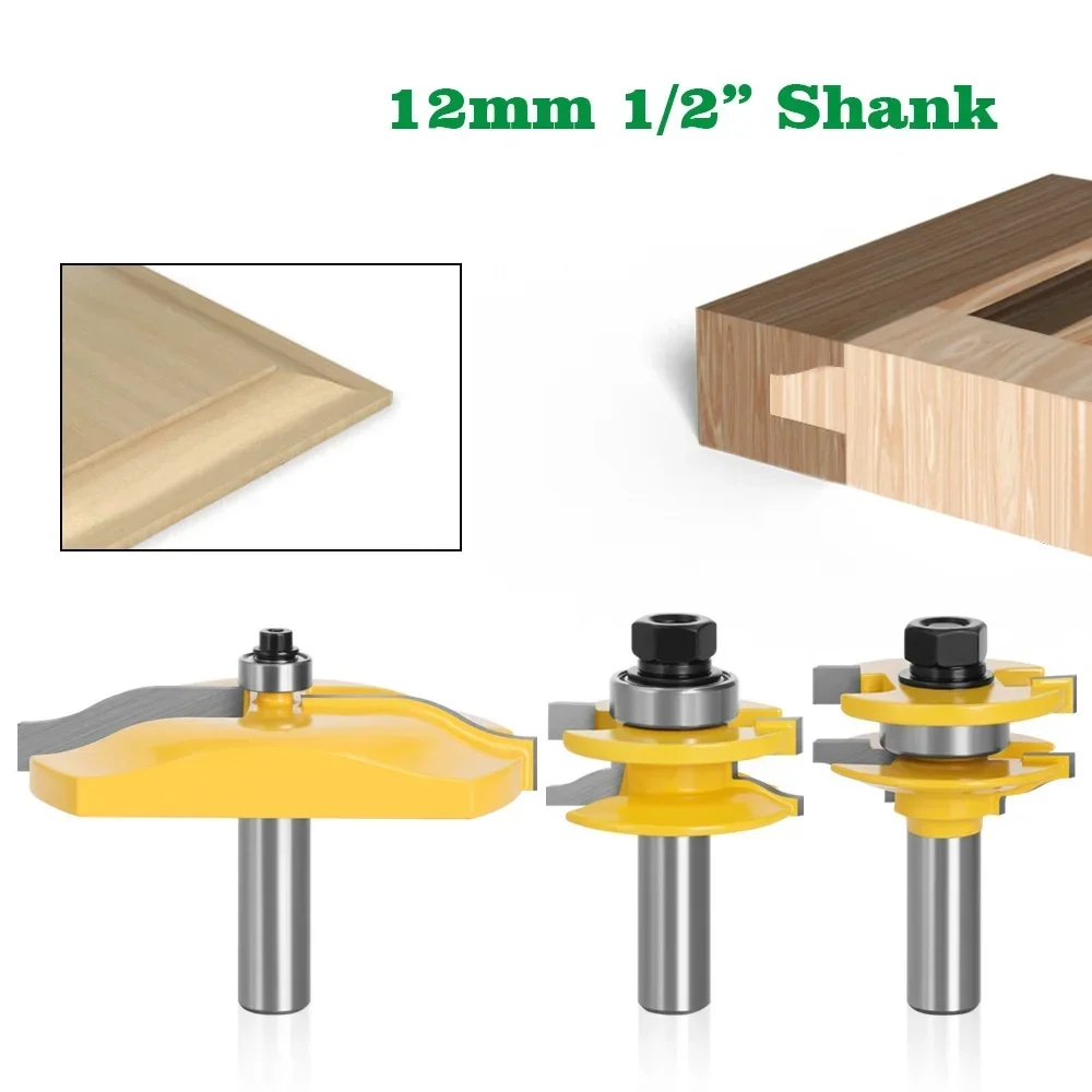 3pcs/set 12mm 1/2 Shank Door Panel Cabinet Tenon Router Bit Set Milling Cutter For Woodworking Cutters Cutting Tools