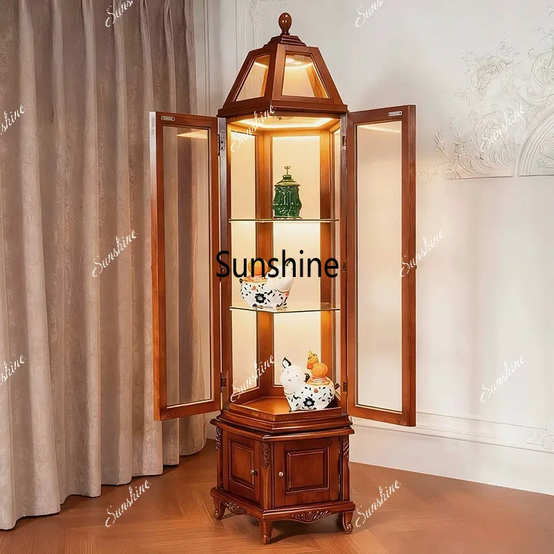 

American solid wood carving wine cabinet living room revolving door glass display dining room floor