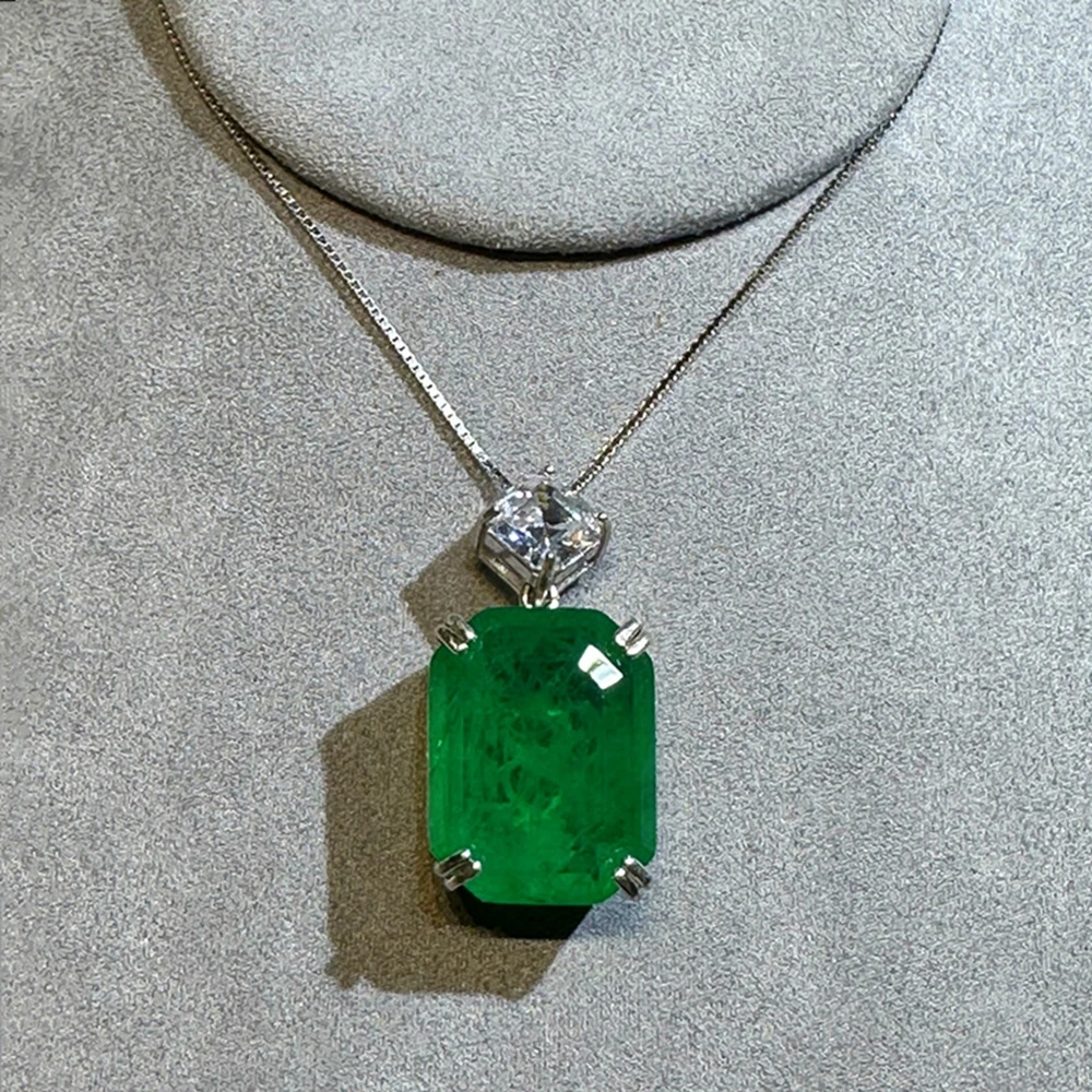 Wong Rain 100% 925 Sterling Silver Sugar-loaf Cut 17*22 MM 22CT Emerald High Carbon Diamond Gems Pendant Necklace Fine Jewelry