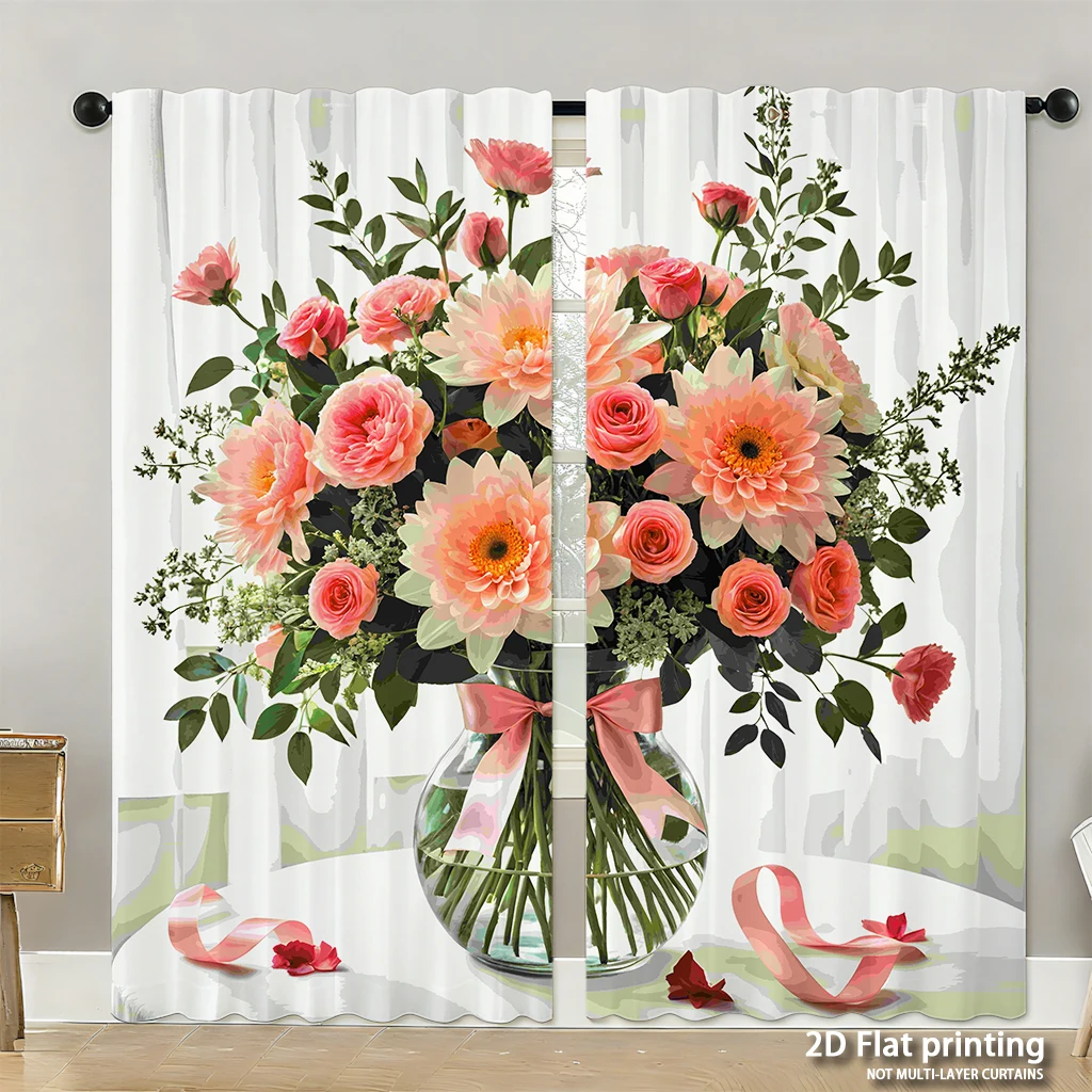 

2-piece set of high-definition digital printed curtainsvase pink peach flowers green leaves ribbon decor styleHome decoration st