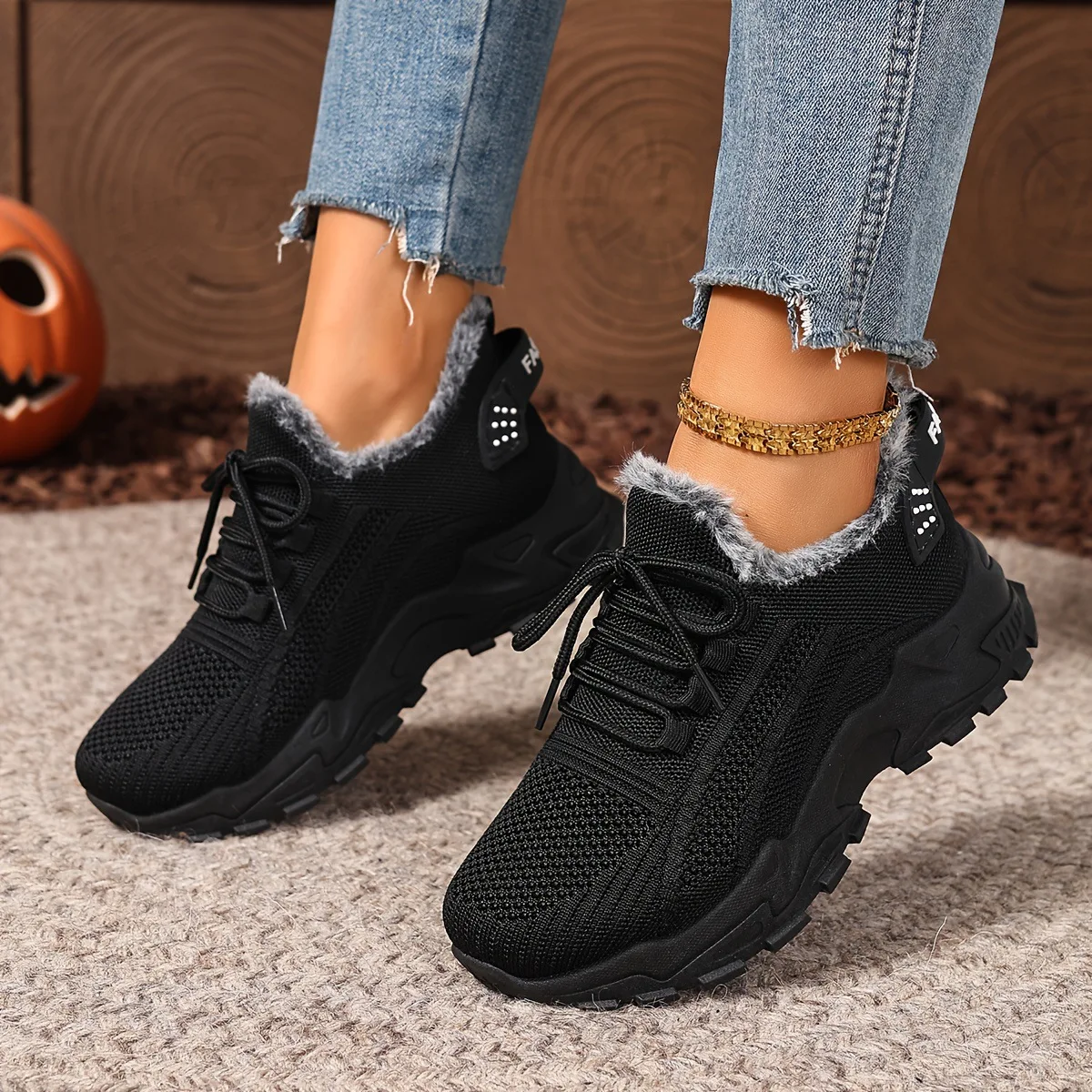 Damen Winter-Thermosneaker aus Strickstoff mit Schnürung, Plüschfutter, rutschfester dicker Plateausohle, Outdoor-Wanderschuhe, Freizeitschuhe – Detail 9