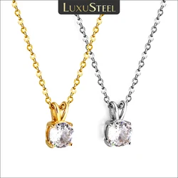 LUXUSTEEL Trendy White Round Crystal Pendant Necklace For Women Stainless Steel Shiny Cubic CZ Choker Korean Neck Jewelry