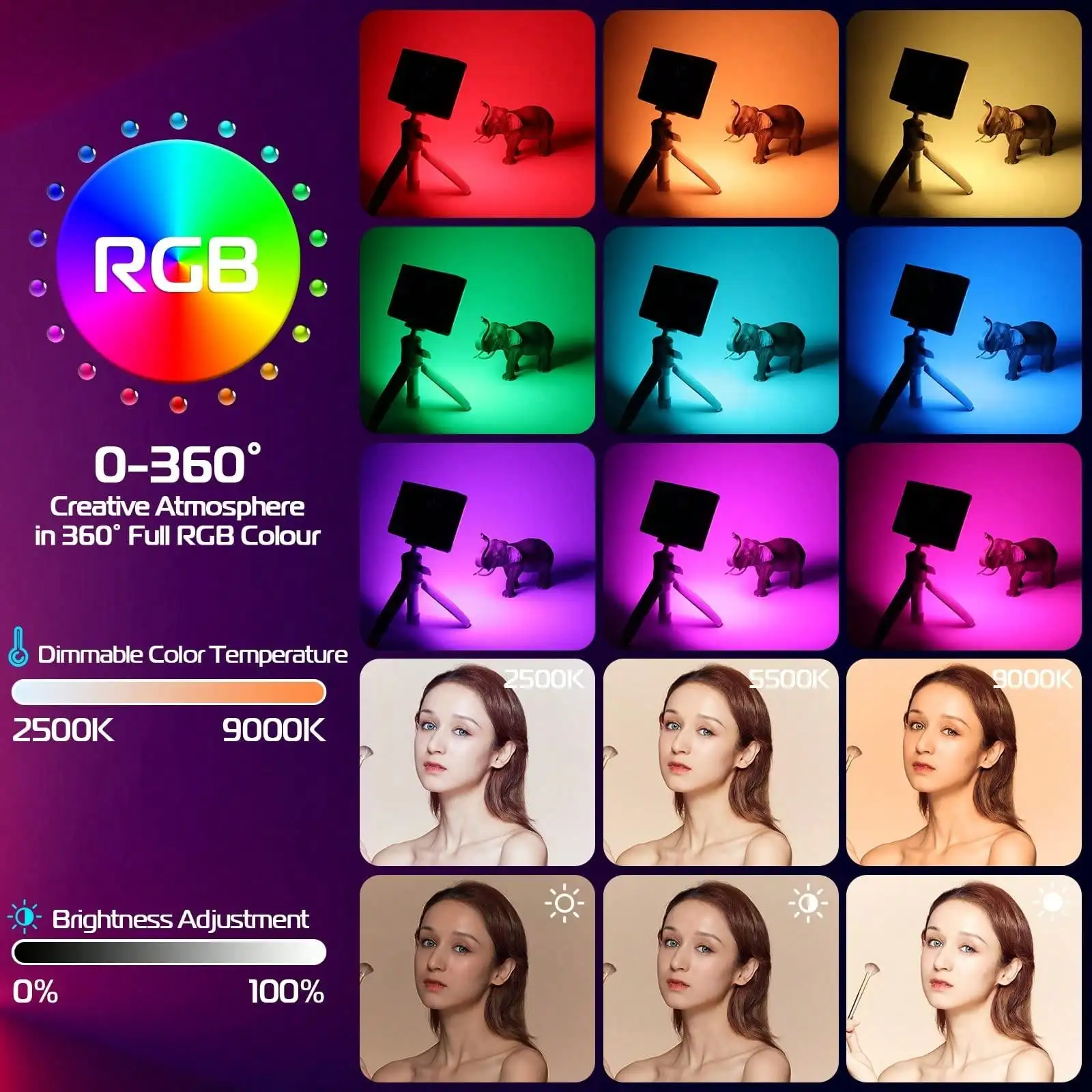 Lumière vidéo RGB 1 pièce, panneau lumineux d'appareil photo LED portable 0-360 couleur, éclairage d'appareil photo reflex numérique rechargeable