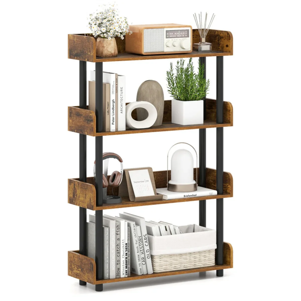 

4-Tier Anti-Tipping Open Bookcase with Elevated Legs, Rustic Brown Display Rack for Home Office