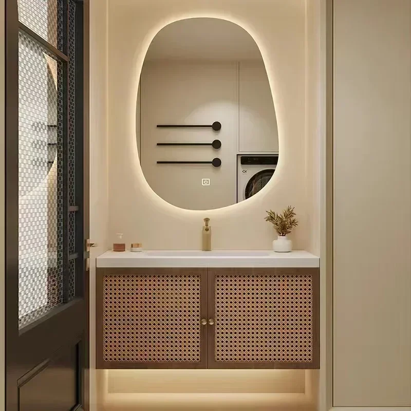 Log Color Bathroom Vanity Sink Vintage Vine Woven Bathroom Cabinets Rock Slab Integrated Washbasin Cabinet Bathroom Furniture