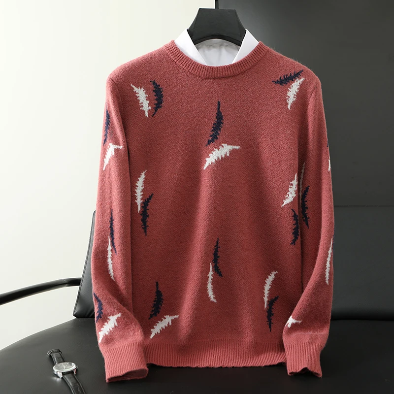 

Wool loose Japanese casual business round neck heavy duty feather jacquard cashmere sweater base sweater