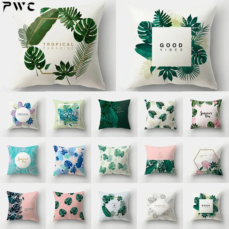 

Fresh Summer Leaves Pillowcase for Waist Throw Home Decoration Green Letter Square Cushion Cover Tropical Plant Sofa Pillowslip