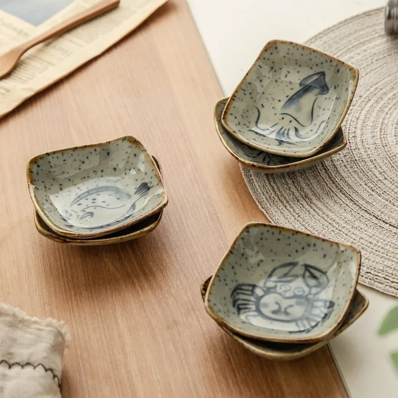 Ceramic Dishes Vintage Small Plate Japanese Creative Cartoon Seafood Sauce Dish Seasoning Plate Home Kitchen Tableware