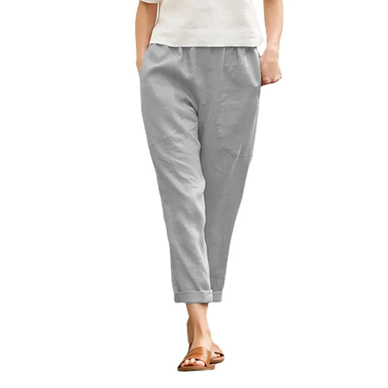 Damenhose aus Baumwolle und Leinen, einfarbig, atmungsaktiv, leicht, elastische Taille, modisch, schlichter Stil, lässige Hose mit geradem Bein – Detail 14