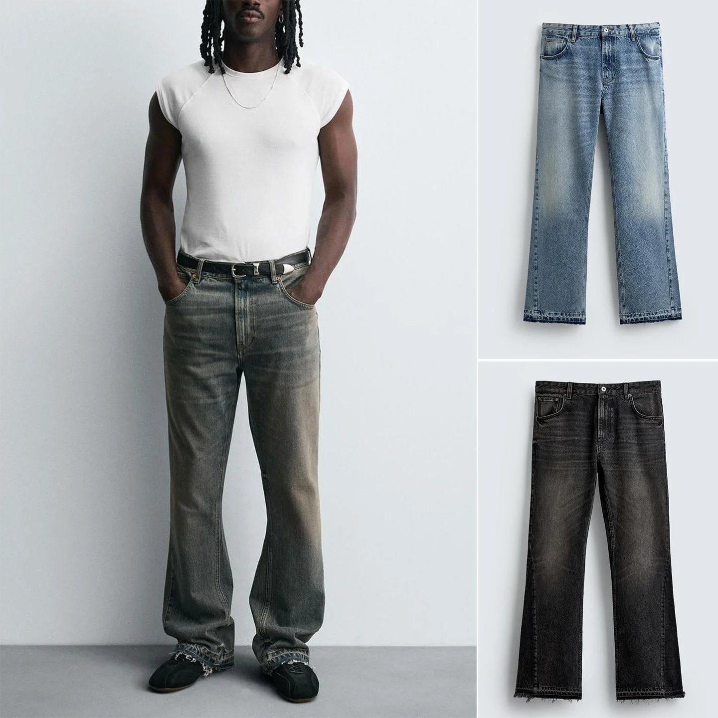 

Fall New Men's Slim Fit Bell Bot Jeans ket Decorated mid Waist Simple Sle Waed Denim Pants Faionable Trousers