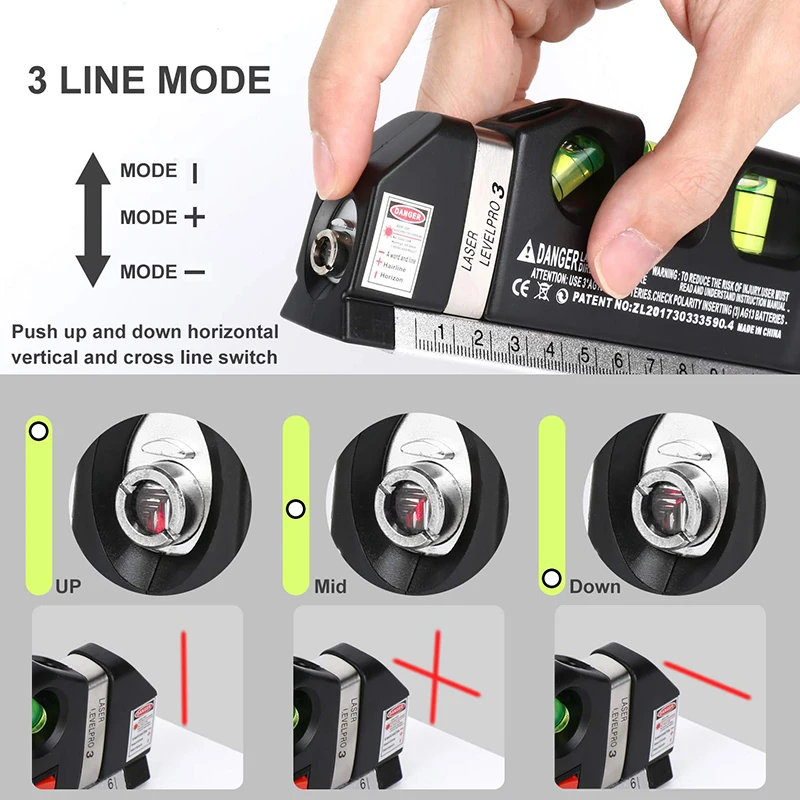 Laser Level Line Tool, Multipurpose Laser Level Kit Standard Cross Line Laser leveler Beam Tool with Metric Rulers 8ft/2.5M