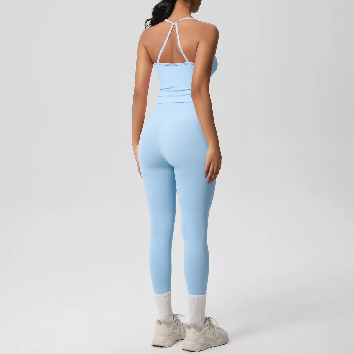Hochelastisches, sexy, rückenfreies Yoga-Oberteil und -Hose, stoßdämpfendes Lauf-Yoga-Tanktop, einfarbige, schnell trocknende Yoga-Leggings – Detail 24