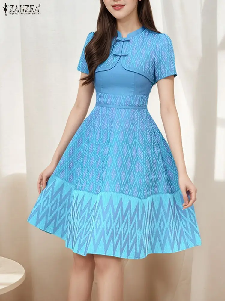 

ZANZEA Vintage Style Elegant Knee-Length Dress 2025 Fashion Short Sleeve Printed Sundress Femme Robe Casual Loose Vestidos