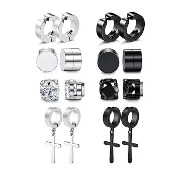 4-10對時尚男士龐克十字方形鋯石不銹鋼磁鐵假耳環套裝 6 最佳銷售 男士假耳環 - №3