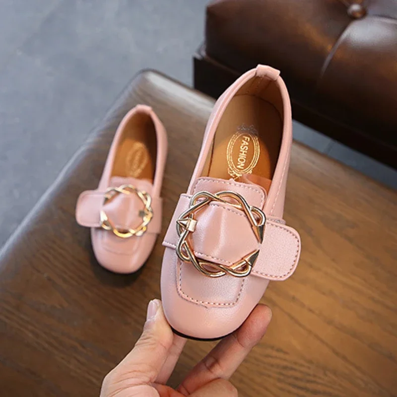 2023 Spring Autumn Children\'s Leather Shoes Metal Buckle Girls Single Shoes Flat Heel Fashion Casual Shoe Soft Sole Kids Shoes