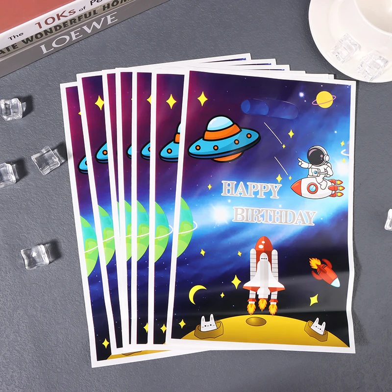 10Pcs Space Astronaut Gift Bag Spacecraft Birthday Plastic Handbag for Happy Birthday Party Supplies Kids Favor Loot Bags