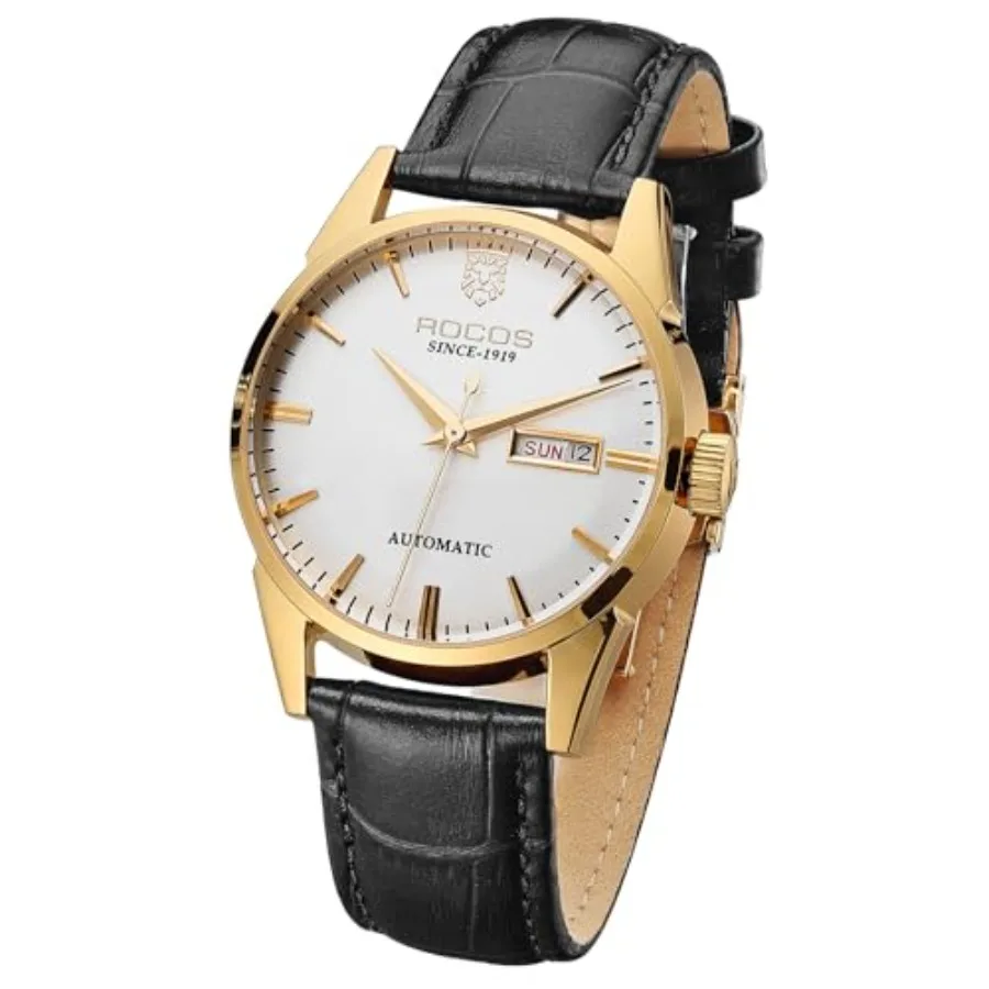 

R0101 Men's Automatic Mechanical Watch Golden Luxury Watch for Men Classic Retro Wristwatch Day Date Leather Strap Dress Watche