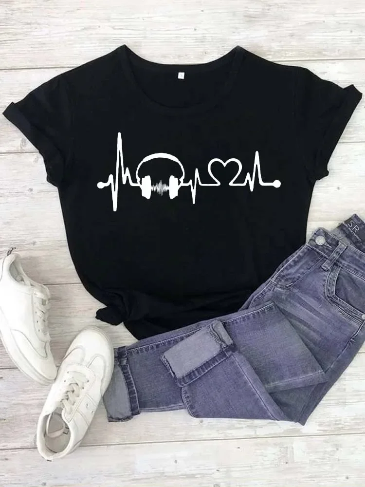 Nueva camiseta para mujer, camiseta a la moda con estampado de notas musicales, camiseta gráfica bonita Harajuku, camisetas informales para mujer