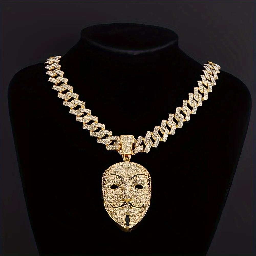 

Hip-Hop Iced Mask Pendant Necklace, 18-Inch Cuban Link Chain, Synthetic Zircon, Premium Alloy, Perfect for Party or Daily Wear