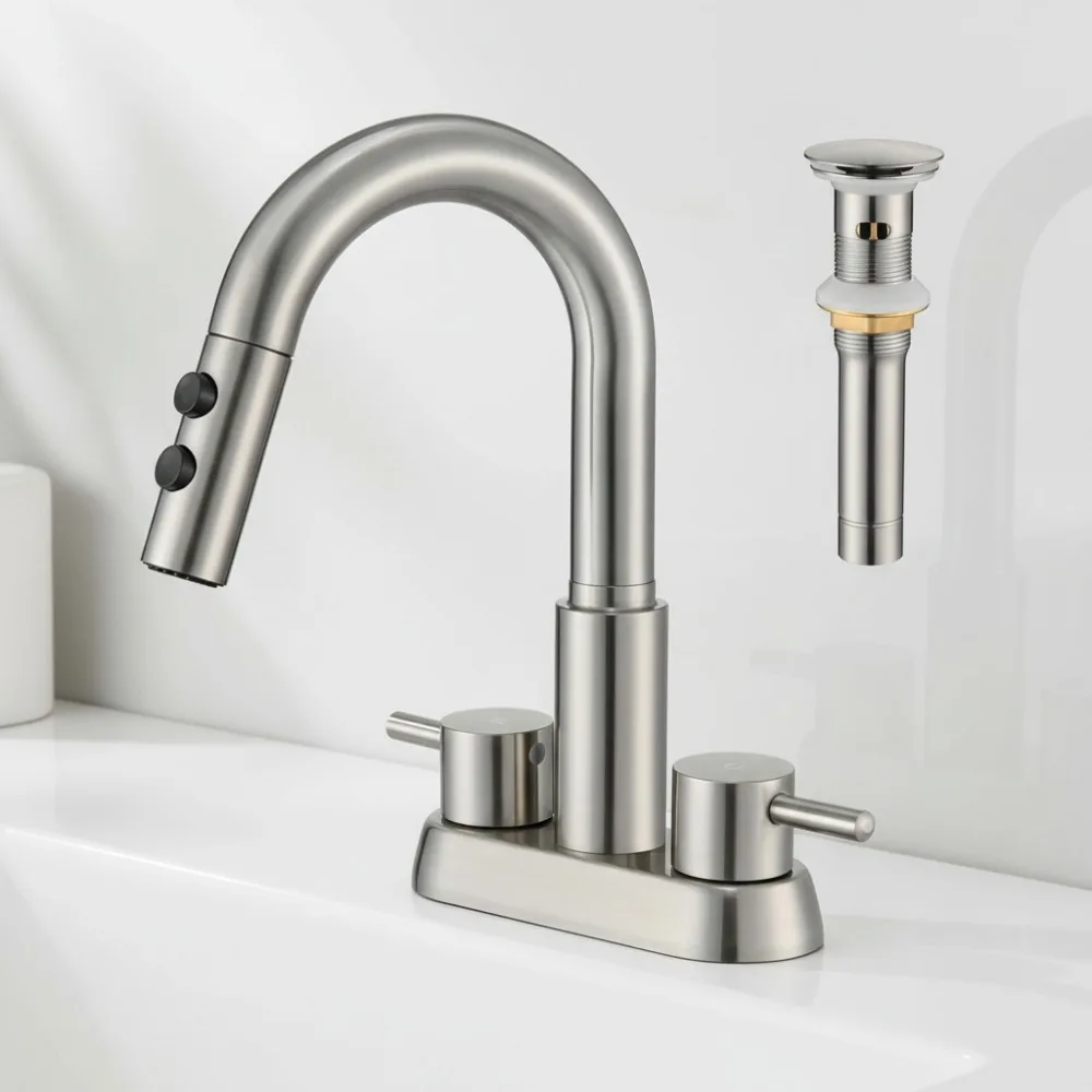 

Brushed Nickel Pull-Down Bathroom Faucet with Sprayer, 2-Handle Centerset for Easy Sink Cleaning & Pet Washing