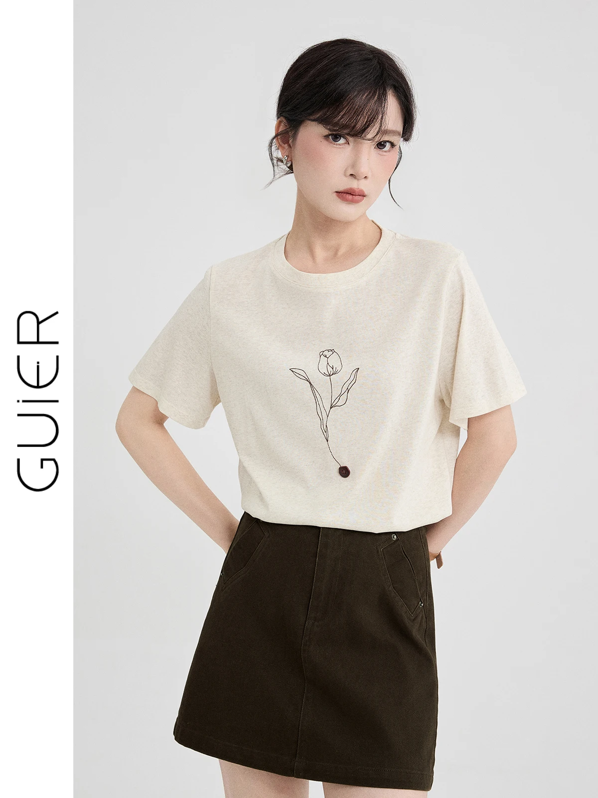 

Женская футболка Guier с вышивкой, коротким рукавом, круглым вырезом, свободного кроя, в винтажном стиле, с цветочным принтом, повседневный топ, лето 2026