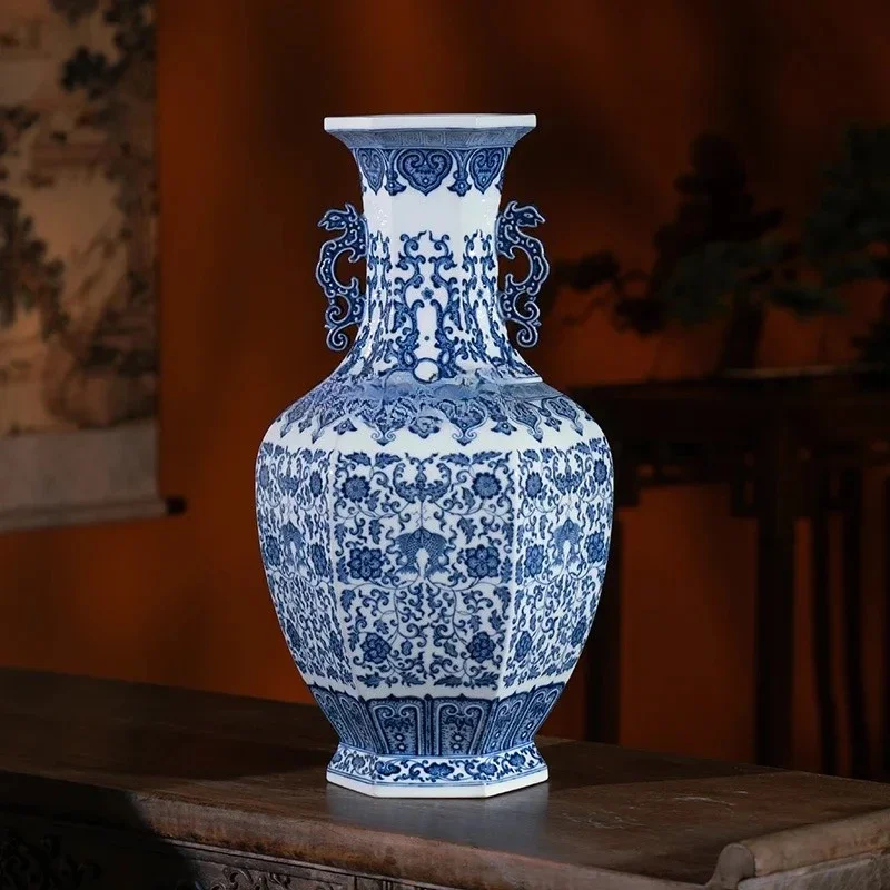

hexagonal bottle Jingdezhen ceramic living room flower arrangement home decoration boutique ornament