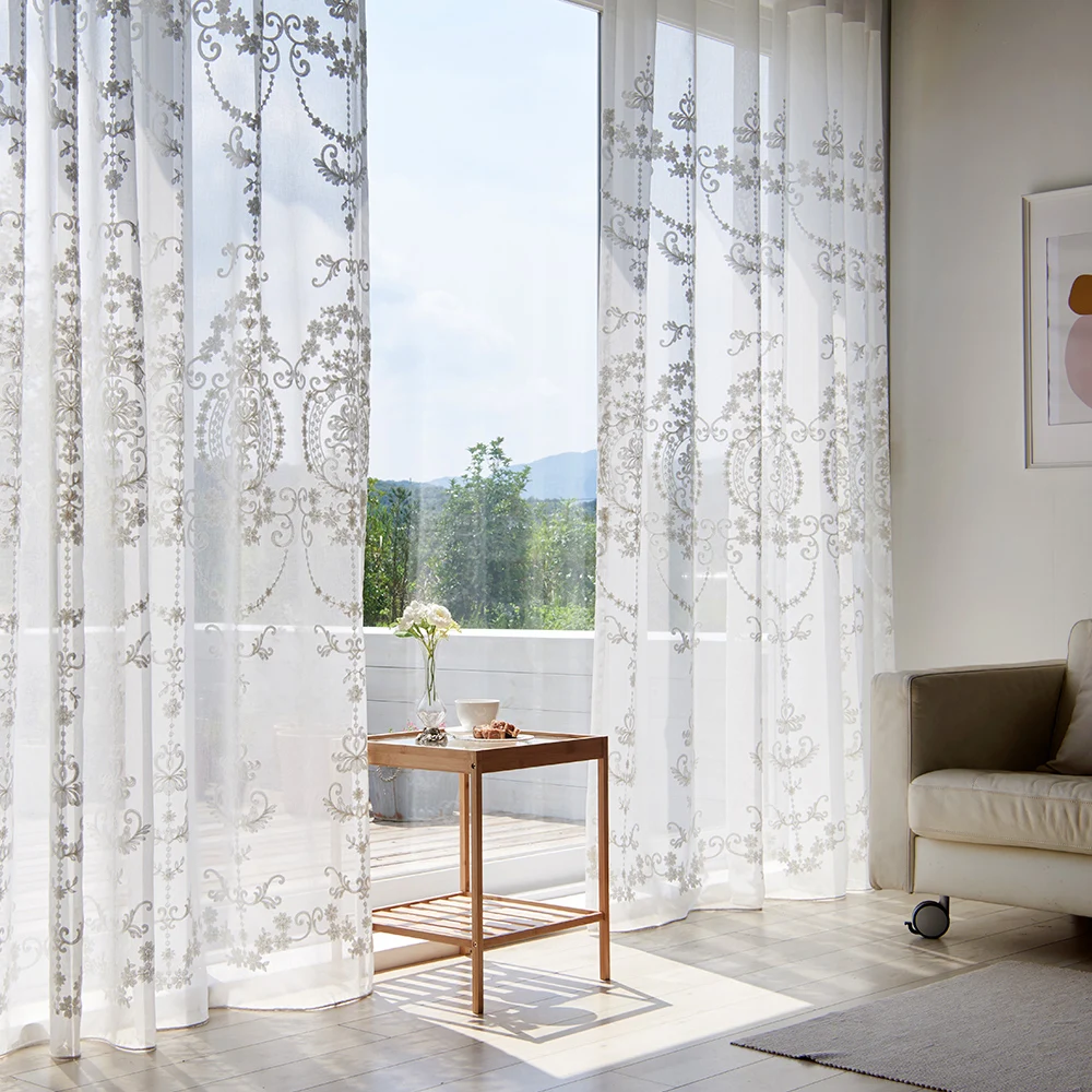 Ramonte Französischer Garten-Spitzenvorhang, transparenter Vorhang, weiße bestickte florale Voile-Vorhänge für das Wohnzimmer