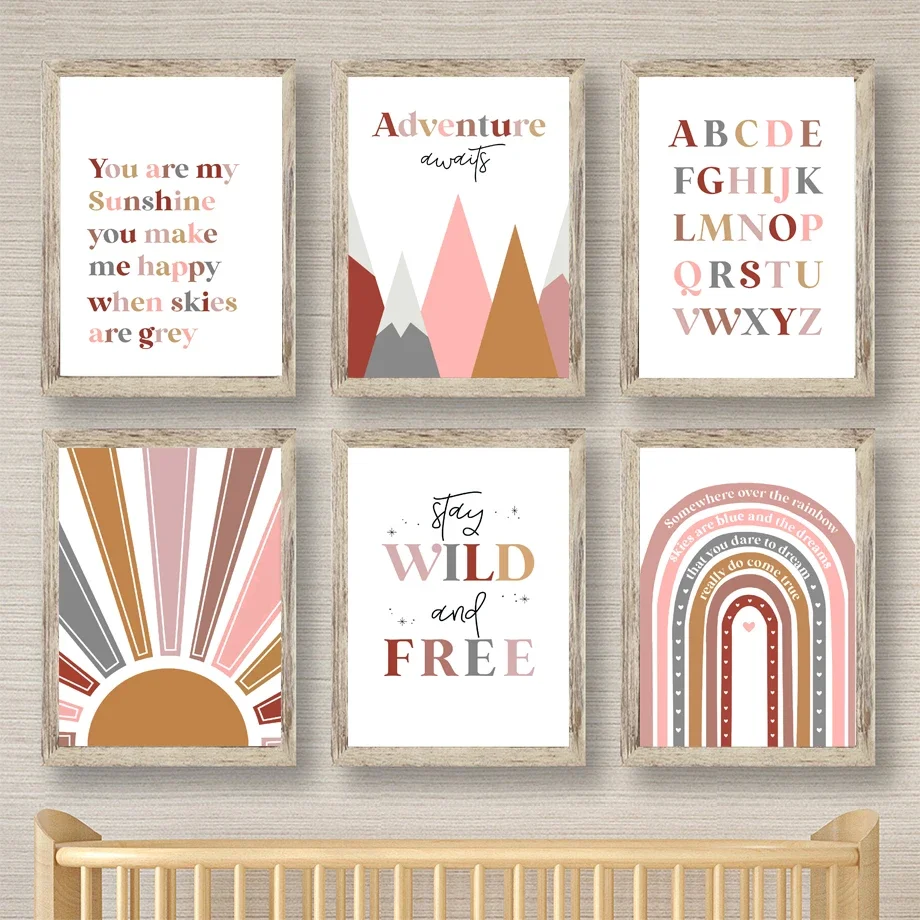 

Mountain Sun Rainbow Quote Cartoon Wall Art Canvas Nursery Decor Nordic Posters Kids Room Pictures Baby Wall Pictures