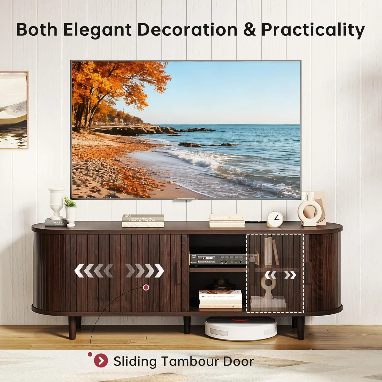 ตู้วางทีวี 58 นิ้ว พร้อมบานเลื่อน, ตู้วางทีวีสไตล์โมเดิร์นยุคกลาง พร้อมปลั๊กไฟและชั้นวางปรับระดับได้สำหรับทีวีขนาดไม่เกิน 65 นิ้ว, ลายร่อง