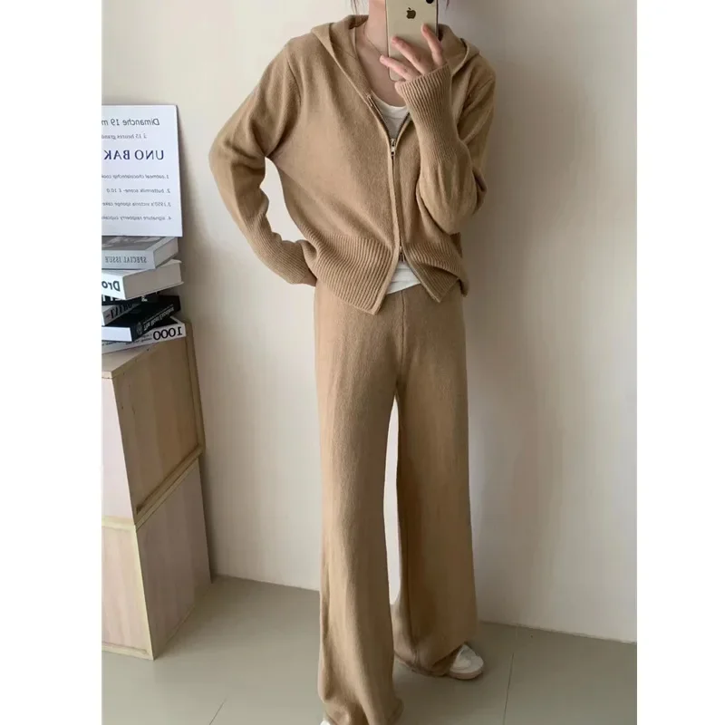 Women Casual Knitted Pants Home Suit Autumn Fashion Zip Up Sweater Hoodie Wide Leg Trousers 2 Piece Set Tracksuit Winter Outfits