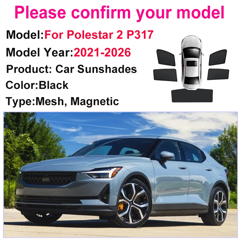 Car Mesh Sunshades For Polestar 2 Sunshade P317 2021-2026 5-Door Liftback UV Protection Heat Insulation Visors Car Accessories