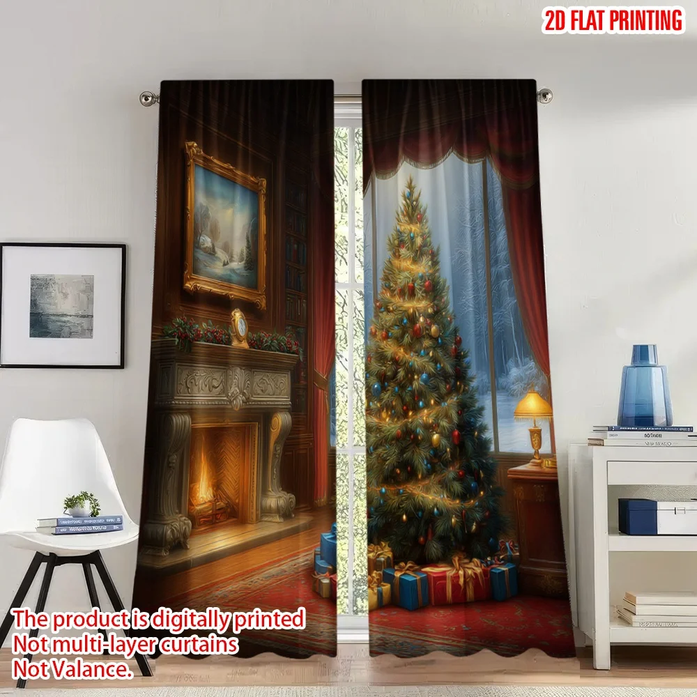 2 قطعة 2D الطباعة المسطحة عيد ميلاد سعيد الستائر مريحة شجرة عيد الميلاد الموقد الرقمية المطبوعة البوليستر الستائر الربيع استخدام ل #1