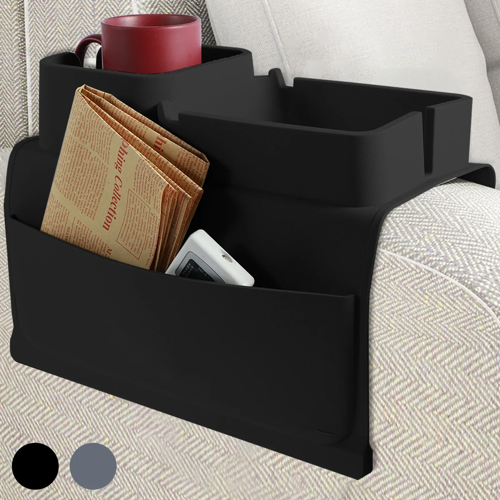 Couch Cup Holder Tray Silicone Sofa Armrest Tray with Side Pockets Anti Spill and Anti Slip Couch Caddy Large Capacity Sofa