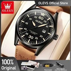 OLEVS 9962 Mens Watches Original Quartz Wristwatch Waterproof Luminous Leather Strap Automatic Date With Box Watch For Men