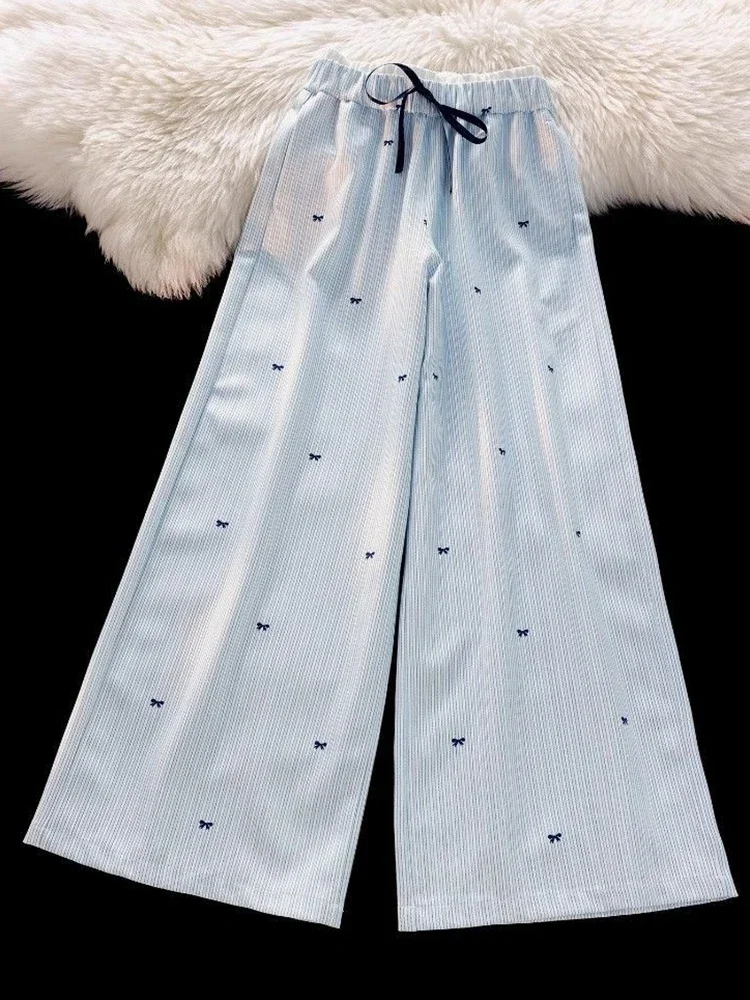 스윗 보우 스트라이프 팬츠 여성 하이웨이스트 한국 캐주얼 와이드 레그 트라우저 우아한 패션 루즈 귀여운 여성 봄 바지 신상