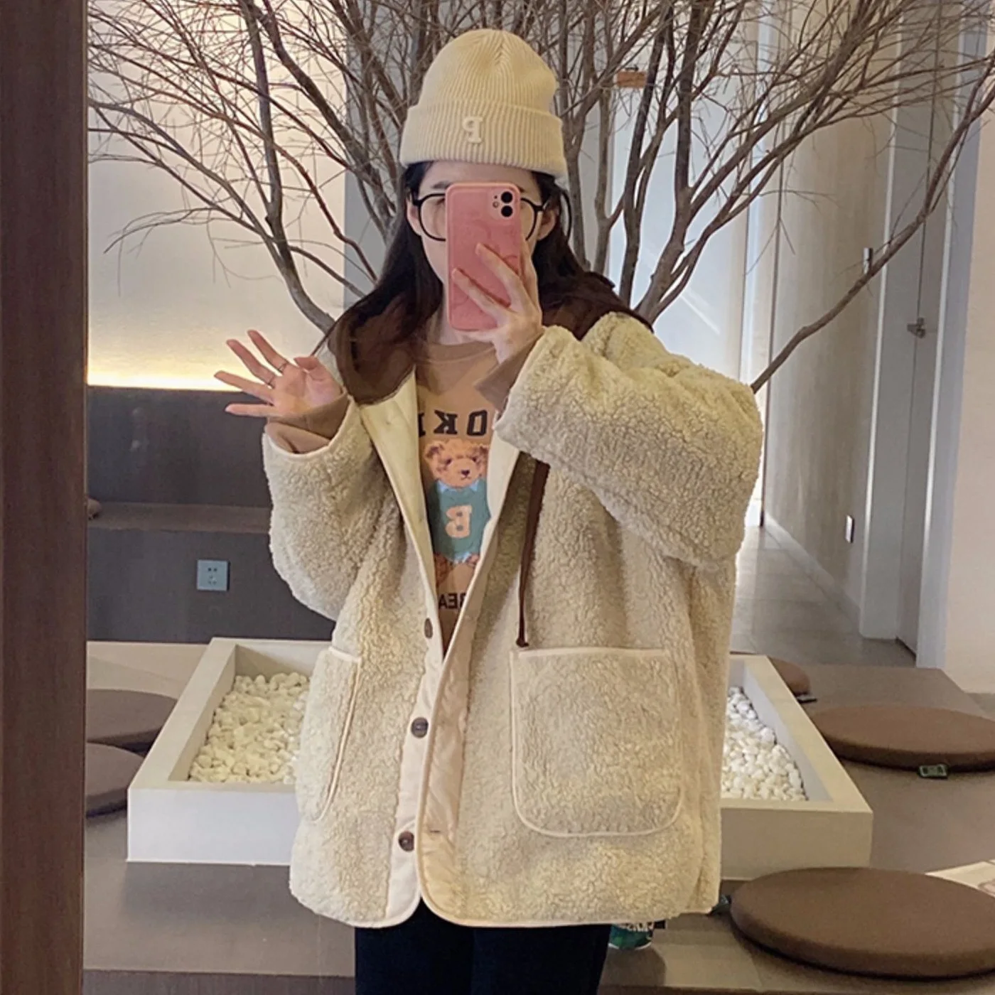

Vintage Autumn Winter New Fashion Women's Color-coded Casual Trendy Loose Pocket Single-breasted Loose Hooded Wool Jacket Coats