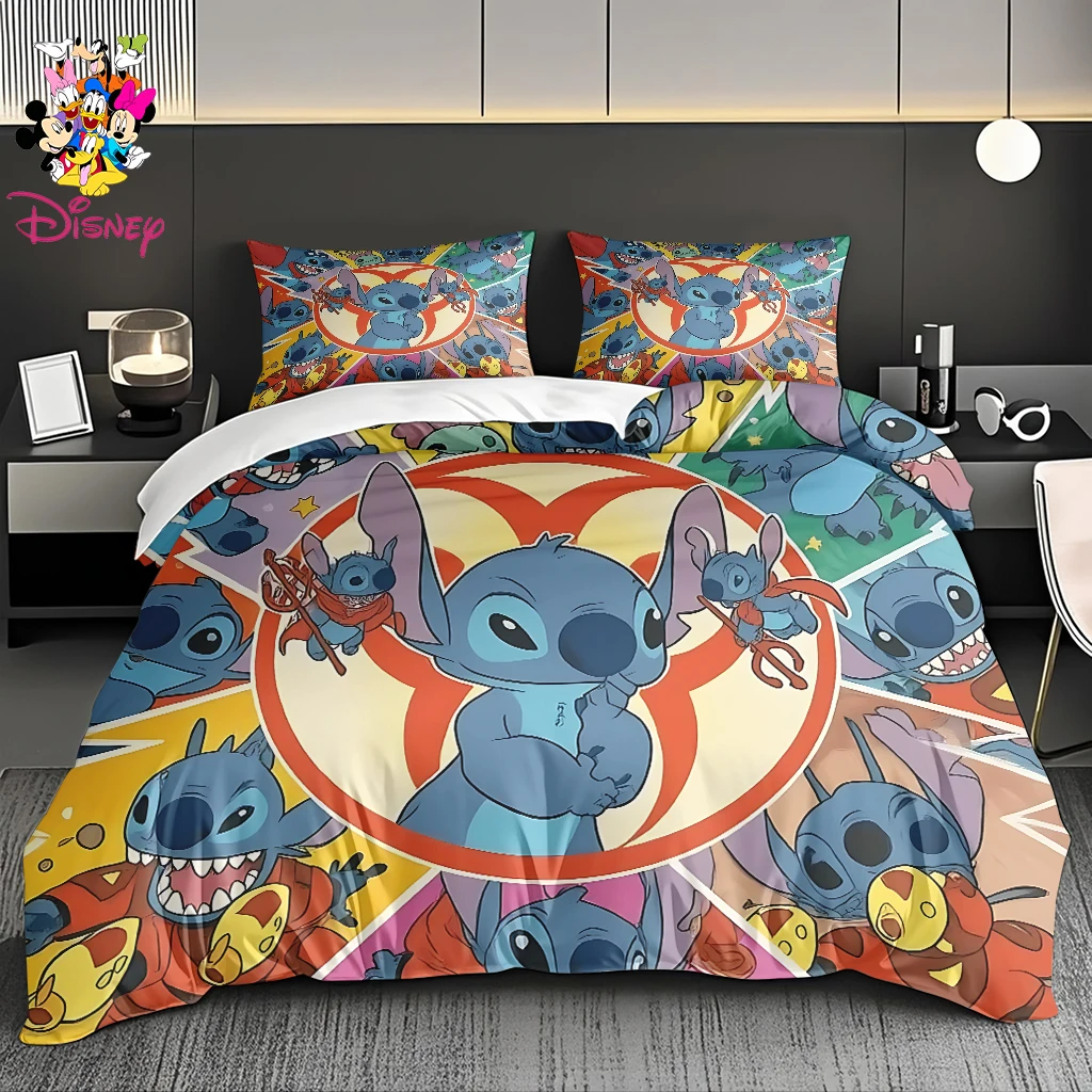 2/3 قطعة مجموعة غطاء لحاف ديزني ستيتش بدون حشو تصميم كرتوني لطيف مناسب لغرف النوم العائلية وغرف الضيوف، للاستخدام لجميع المواسم