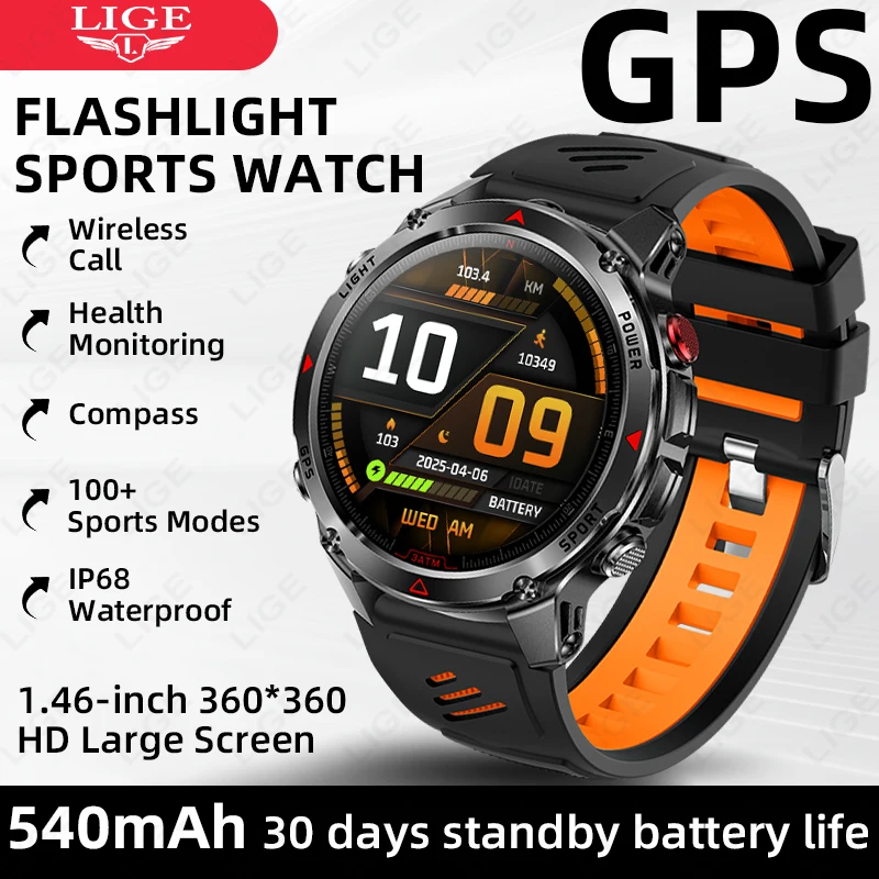 LIGE New Military 540mAh Smart Watch Bulit-in GPS Compass Altimeter Barometric 3ATM Waterproof AMOLED BT Call Sports Watches Men
