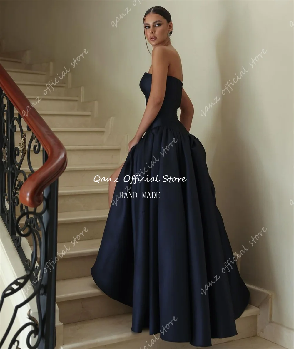 Qanz Elegant Dubai Arab Evening Dress Women Satin Customized A-line Long Formal Gowns Strapless Dark Blue Event Party Gowns 2025