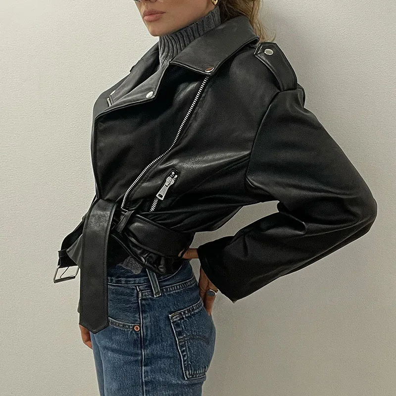 Women Vintage Motocycle Biker Belt Faux Leather Jacket Spring Autumn Streetwear Female Zipper Lapel Retro Coat Outwear