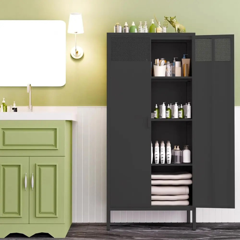 

The metal food storage cabinet, 61 inches high, is equipped adjustable shelves and is suitable for homes and kitchens.(BLACK)
