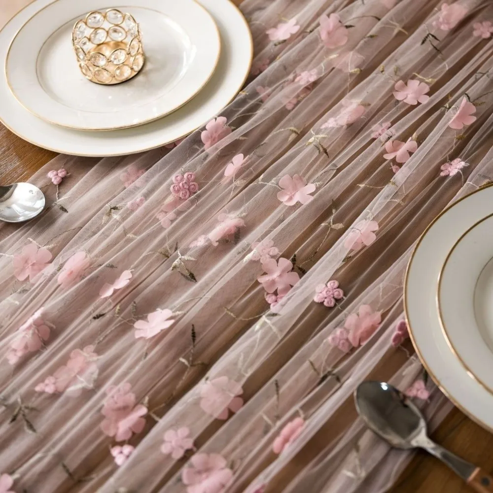 Semi-Transparent Tulle Table Runner French Style Polyester Floral Tablecloth Romantic Retro Table Flag Photography Prop