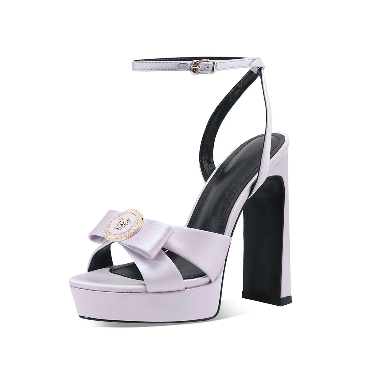 Arden Furtado Purple Satin Platform Sandals with Round Toe, Bowknot, Super High Heel, One Word Buckle product photo