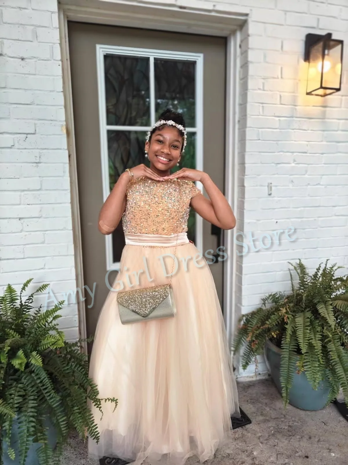 

Customized Champagne Flower Girl Dress For Wedding Sparkly Sequins Tulle With Bow Kids Evening Party Birthday Pageant Ball Gown