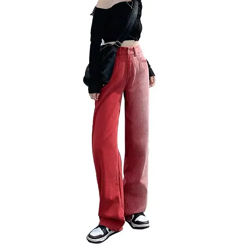 FJM-Pantalon en denim à jambes larges pour femme, jean rouge nickel é, vêtements droits, streetwear d'été, cool, vibrant, cowboy R