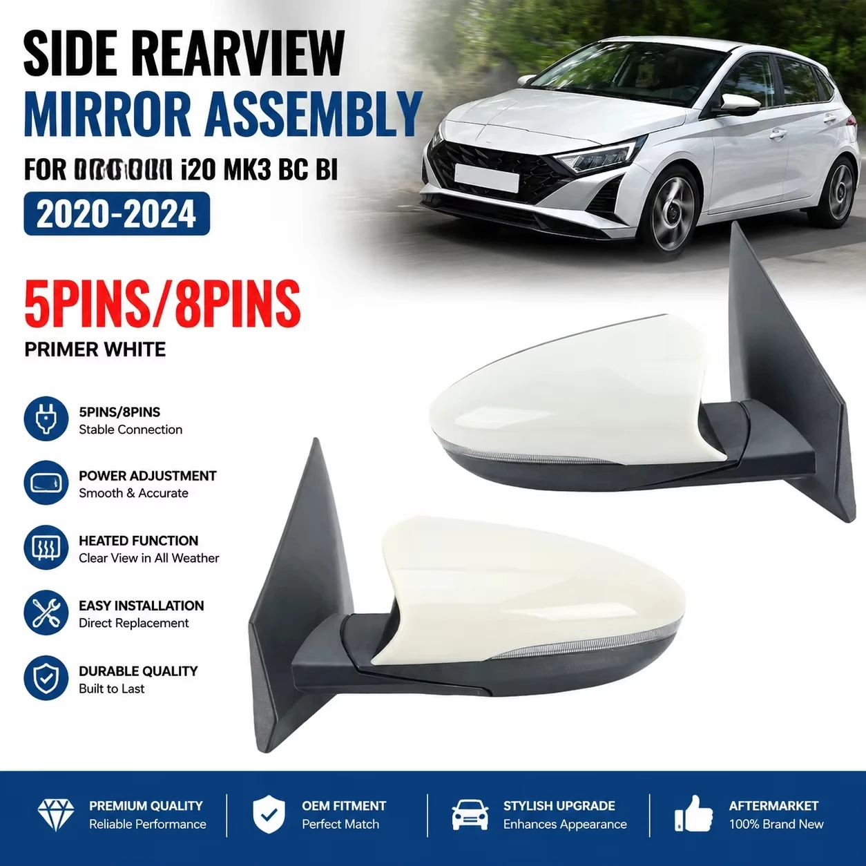 5/8 Pins Rearview Mirror Assembly for I20 MK3 BC BI 2020 2021 2022 2023 2024 Primer White Side Mirror Car Accessories