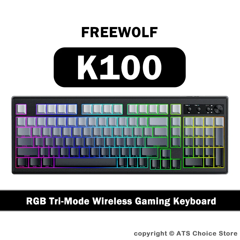 FREEWOLF K100 Wireless Gaming Keyboard 99 Keys RGB Backlit PBT Keycaps 4000mAh Large Battery Tri-Mode Bluetooth with Knob