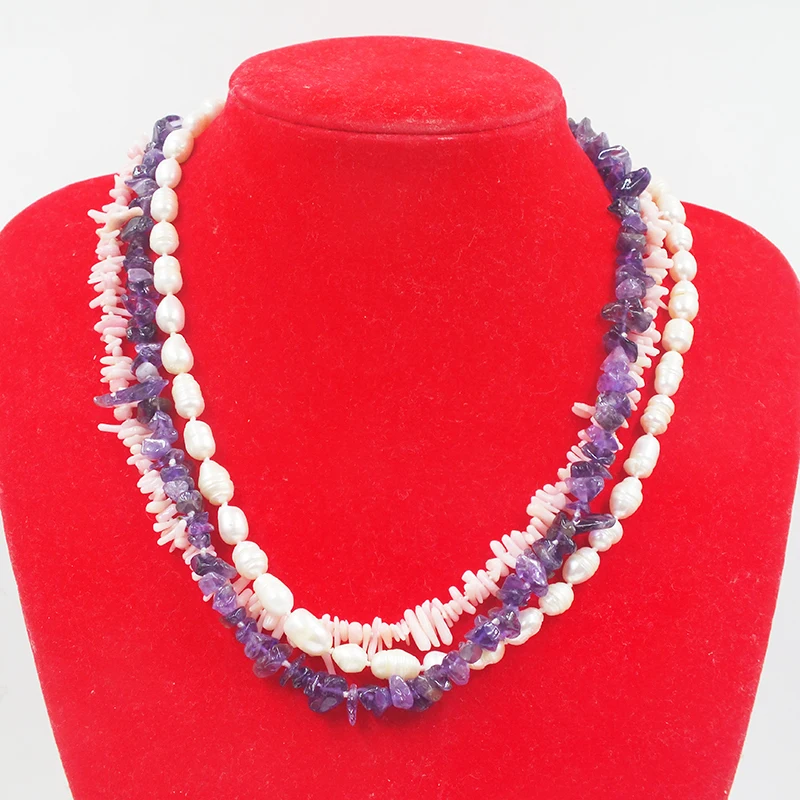 

3 strands of natural coral/pearl/crystal very beautiful combination necklace 18"