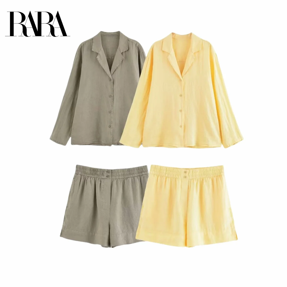 

RARA 2025 New Arrival Women's Long - Sleeve Collared Button - Down Top and Elastic - Waist Shorts Pajama Set for Relaxing Wear